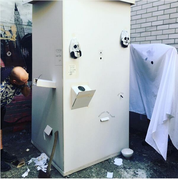 the dead end — installation with viewing chutes and ghost, Barratt and Boyd, UQ Art Museum, 2016