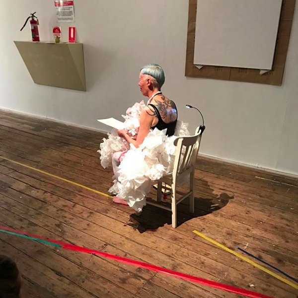 Virginia Barratt with paper pelt, III+P, Performance with Francesca da Rimini, Format Systems Inc, Adelaide, October 2017